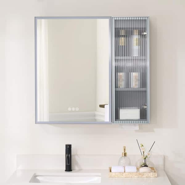 WELLFOR 30 in. W x 28 in. H Rectangular Dimmable Anti-fog LED Wood Surface Mount Medicine Cabinet with Mirror in Gray