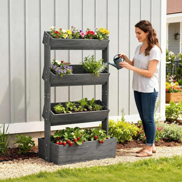 ABORON 4-Tier Vertical Wooden Raised Garden Bed Gray Garden