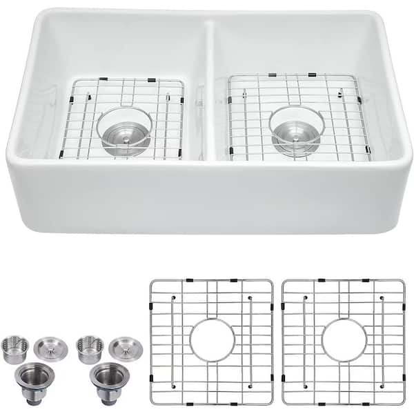 Unbranded 32 in. L x 20 in. W Ceramic Double Basin Farmhouse Kitchen Sink with Basket Strainer, Apron Style