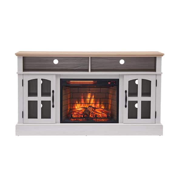 58 in.  White Freestangding Fireplace TV Stand,  with 23 in. Electric Fireplace, Can Hold 70 in. TV with Storage Space