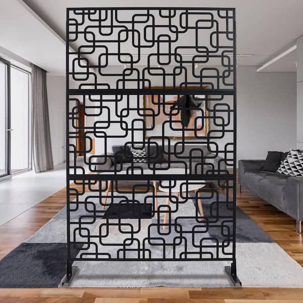 76 in. x 48 in. Freestanding Decorative Privacy Screen Black Metal for Outside Lawn Garden