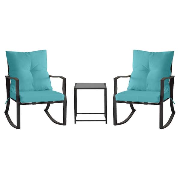 Sudzendf 3-Piece Metal Rocking Outdoor Bistro Set with Light Blue Cushion and Glass Coffee Table