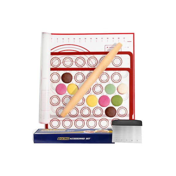 24 x 16 Inch Food Safe Silicone Baking Mat Set with Rolling Pin, Dough Scraper, and Macaron Mats, Reusable
