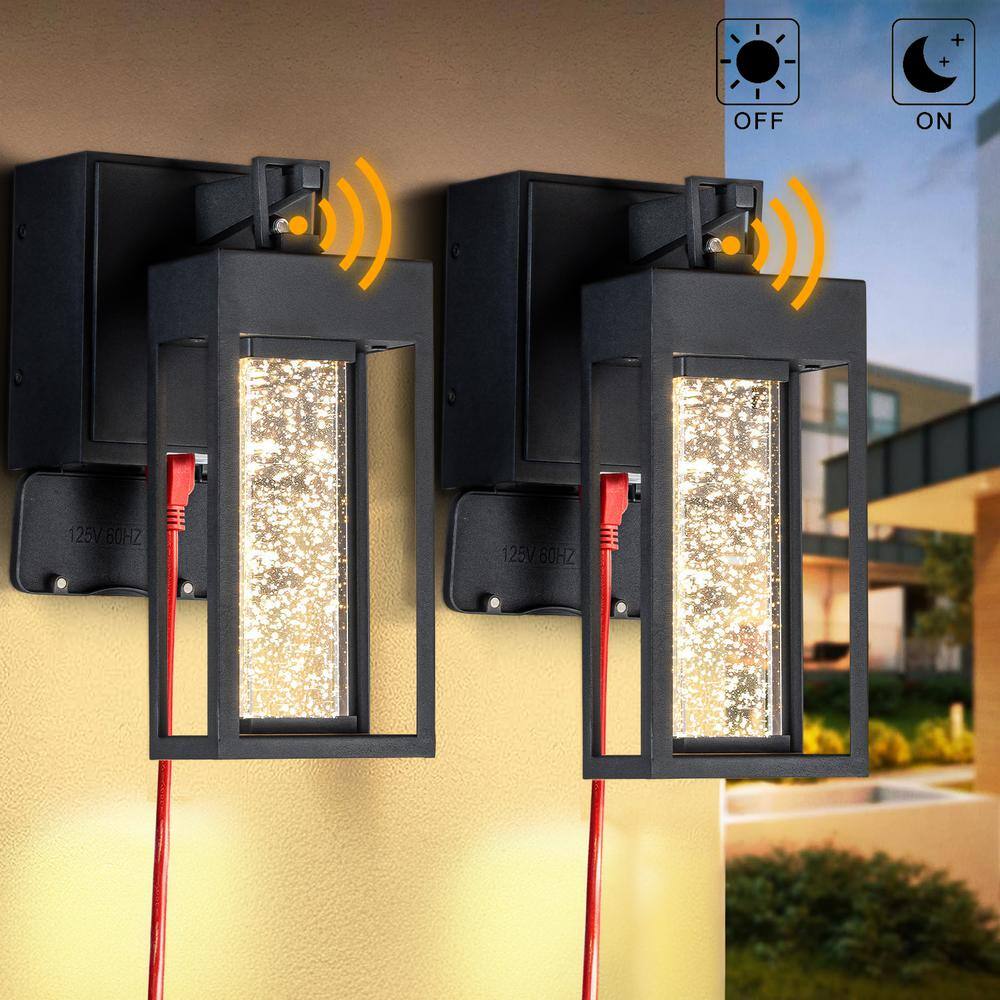Modern LED Outdoor Black Dusk to Dawn Sensor Wall Lantern Sconce with Seeded Glass and built-in GFCI Outlets (2-Pack） price history on PriceWatchPro