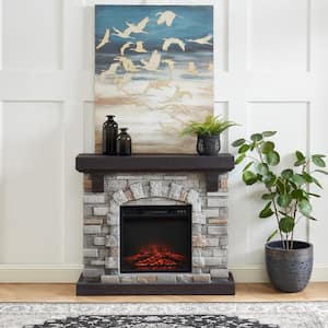 40 in. Gray Freestanding Faux Stone Infrared Electric Fireplace with Mantel