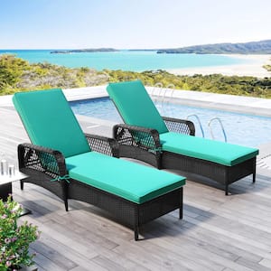 Black Wicker Adjustable Backrest Outdoor Lounge Chair Patio Pool Chair with Green Cushions (2-Pack)