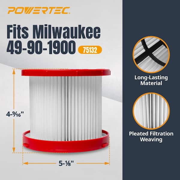 Wet/Dry Vacuum Filter for Milwaukee M18 0880-20, 0970-20 & M12 0960-20 Vacuums, HEPA Cartridge Filter Replacement, 4PK