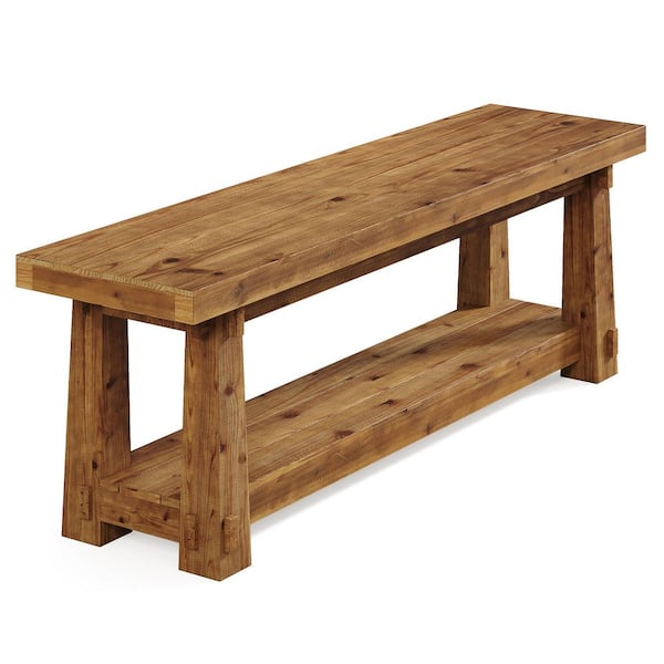 13.77 in. x 55.11 in. Natural Brown Solid Wood Shoe Storage Bench with Open Shelf, Entryway Bench for Hallway, Home