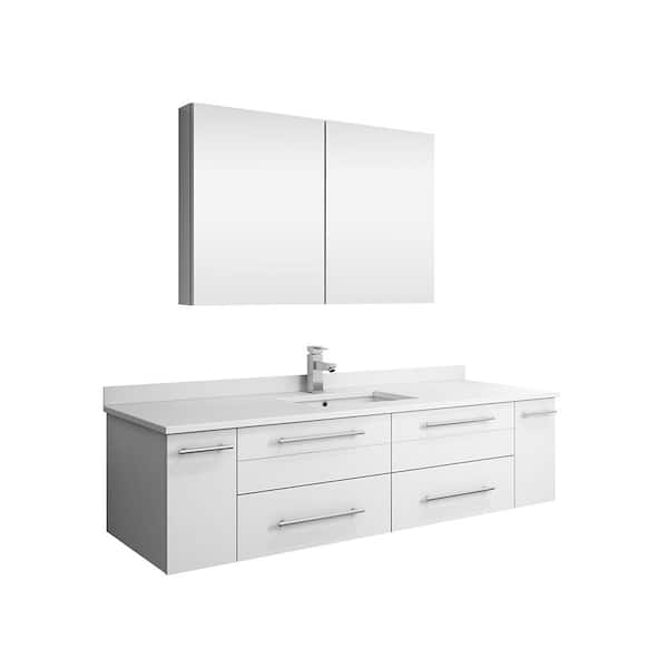 Fresca Lucera 60 in. W Wall Hung Vanity in White with Quartz Stone Vanity Top in White with White Basin and Medicine Cabinet