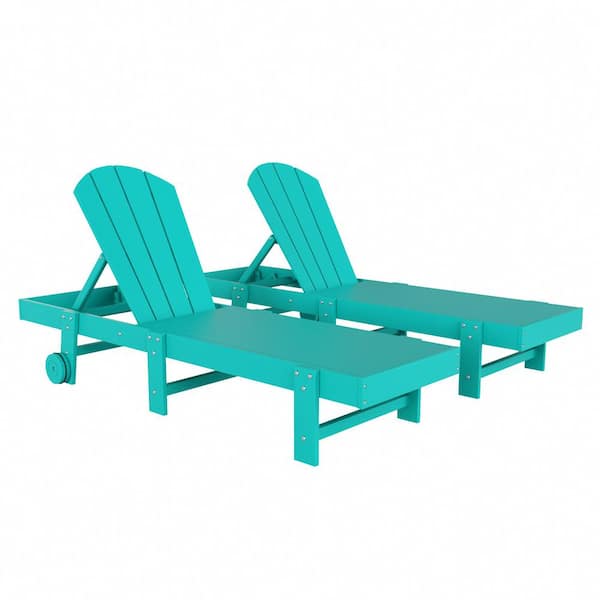 Laguna 2-Piece Fade Resistant HDPE Plastic Adjustable Outdoor Adirondack Chaise Loungers with Wheels in Turquoise