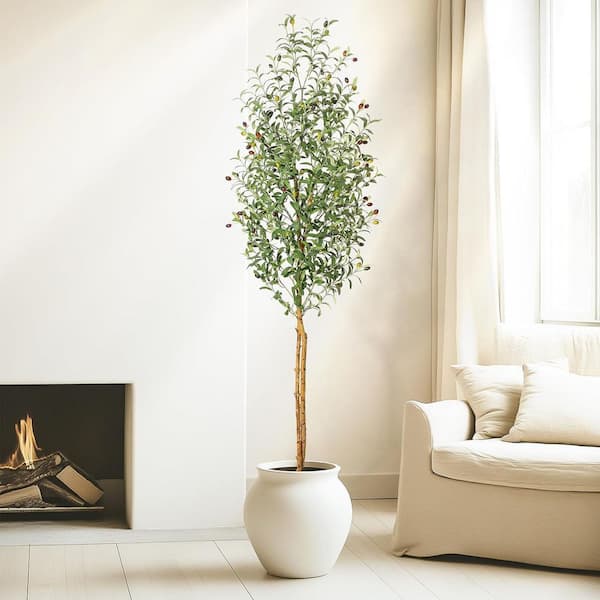 7 ft. Artificial Olive Trees, Decorative Tall Fake Tree with Planter, Faux Olive Branch, with 2 Natural Wood Trunks