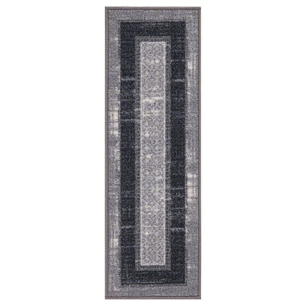 Ottomanson Basics Collection Rubberback Bordered Gray/Black, 8.5 in. x 26 in. . ., Stair Tread Covers (Set of 7)