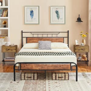 53.15 in. W Brown Full Size Metal Platform Bed with Wood Headboard and Footboard Easy Assembly Under Bed Storage
