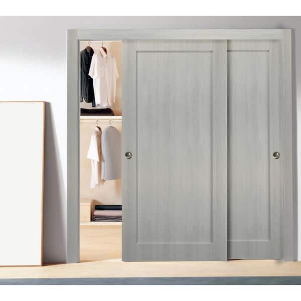 Assembly Required 56 in. x 84 in. Single Panel Gray Finished Solid MDF Sliding Door with Bypass Sliding Hardware