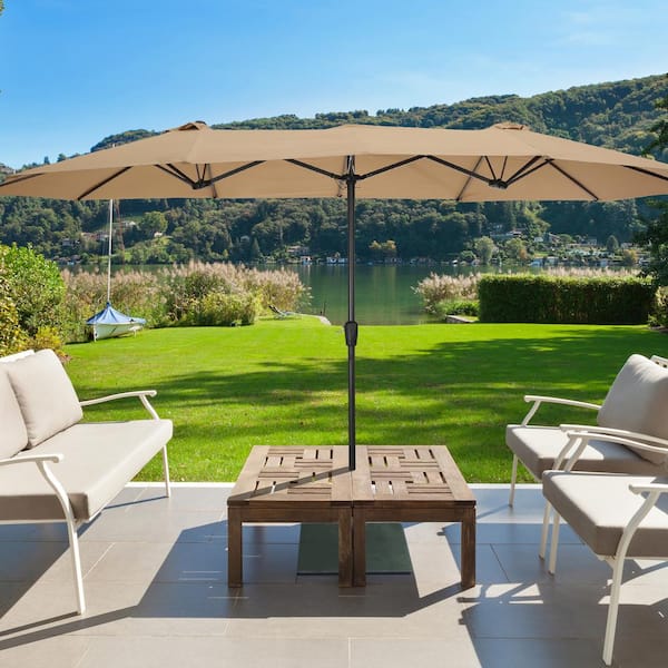 Unbranded 15x9 ft. Steel Large Double-Sided Rectangular Market Patio Umbrella in Taupe