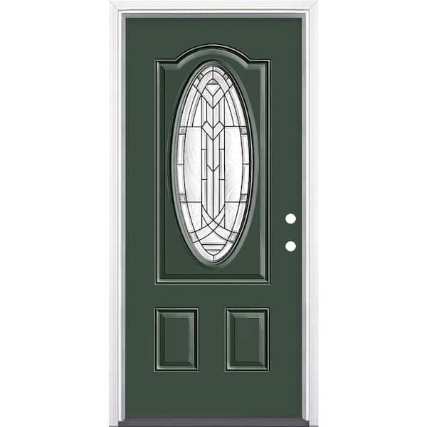 Masonite 36 in. x 80 in. Chatham 3/4 Oval-Lite Left Hand Inswing Painted Steel Prehung Front Door with Brickmold, Vinyl Frame