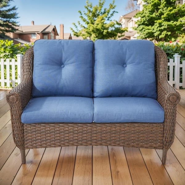 Chrysanthemum Armrest Series 2-Seat Brown Wicker Outdoor Patio Double Seat Sofa Couch with Blue Cushions