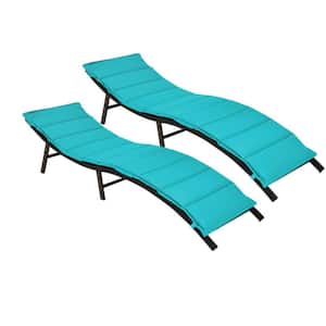 PE Wicker Folding Patio Outdoor Lounger Chair with Blue Double-Sided Cushion 2-Pack