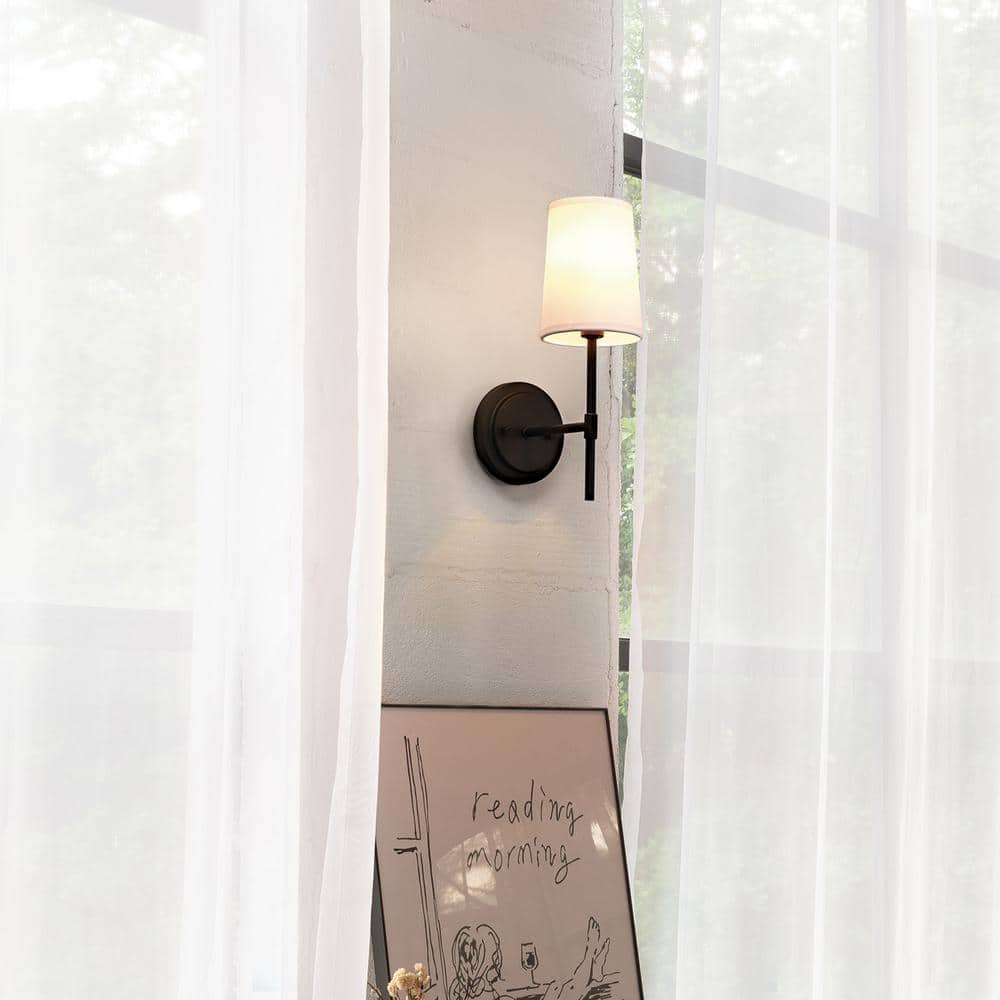 Matte Black Vintage Lantern Wall Sconce with White Fabric Shade