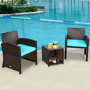 3-Piece Wicker Patio Conversation Set , Outdoor Bistro Set with Turquoise Cushions