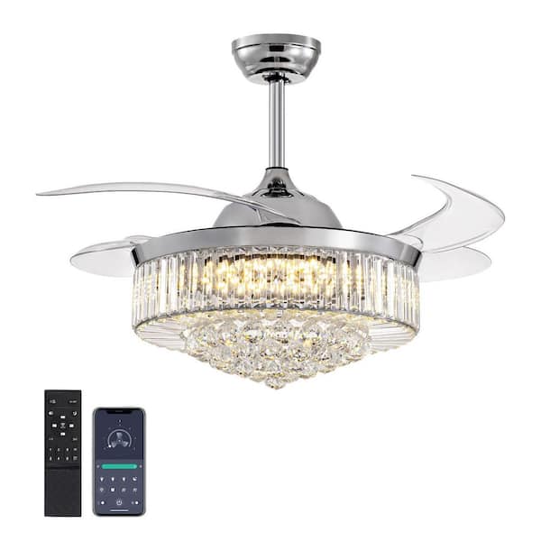 WDETR 42 in. Indoor Chrome Color Crystal Ceiling Fan, Fandelier with Remote and Retractable Blades, Chandelier Fan with Light