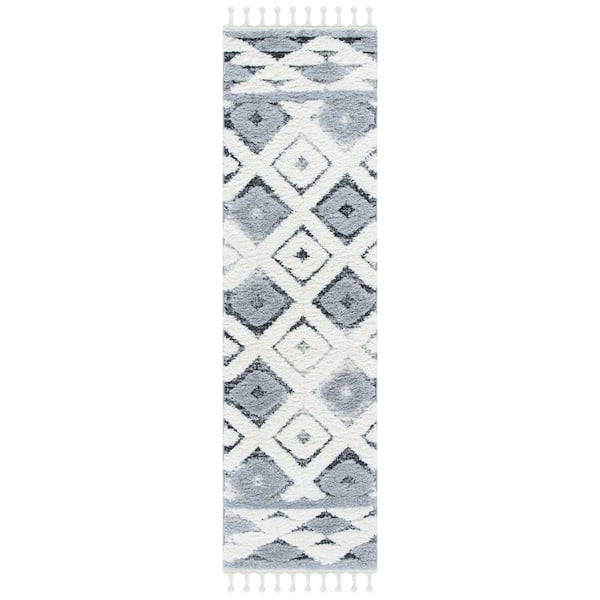 Moroccan Tassel Shag 2 ft. x 8 ft. Gray/Ivory Diamond High-Low Fringe Runner Rug