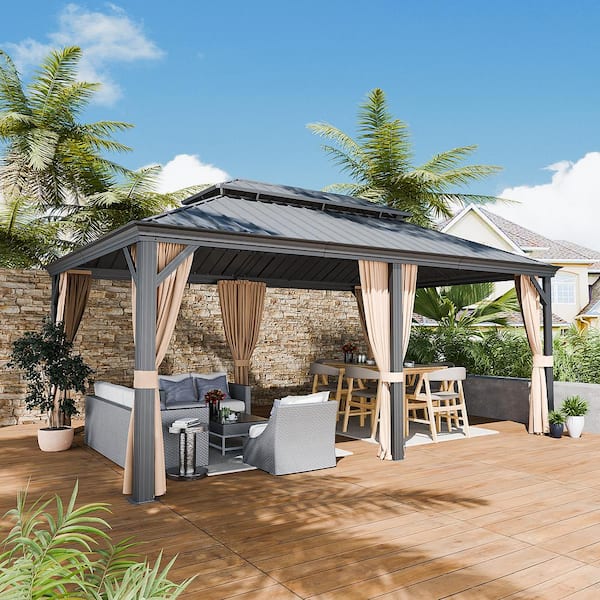 12 ft. x 18 ft. Metal Gazebo With Dual Roof, Mosquito Netting and Curtains