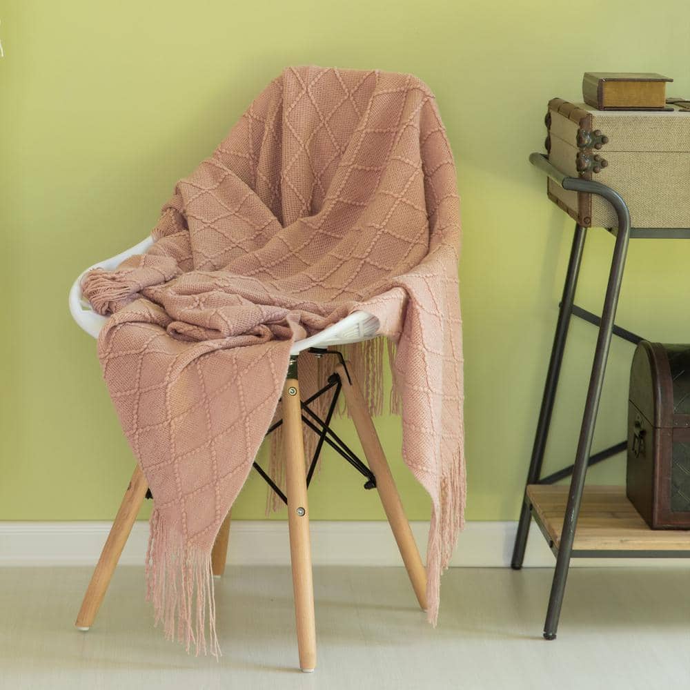 Pink Knitted Throw Blanket Set with Fringed Edges, 50x60 in