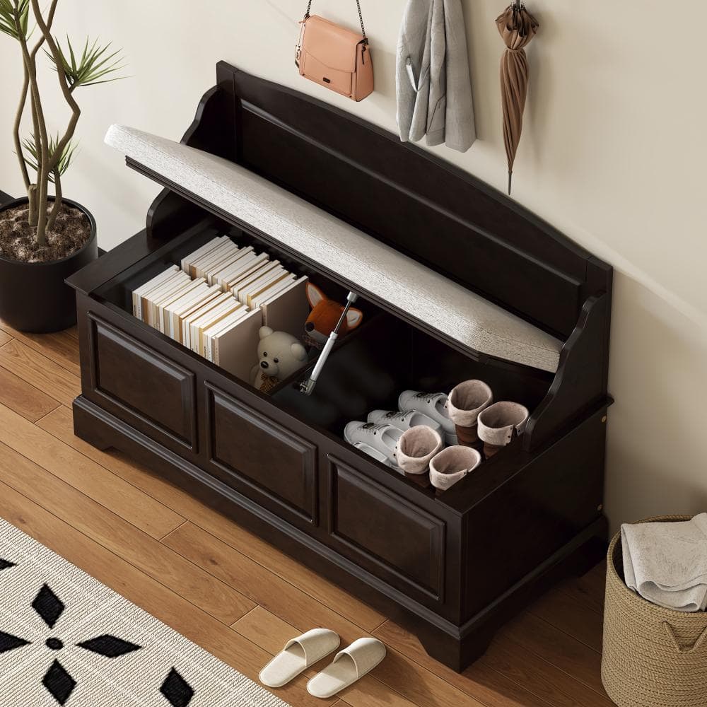 30.1 in. H x 41.7 in. W Espresso Wood Shoe Storage Bench with Cushion
