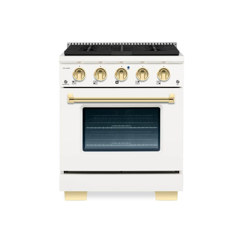 BOLD 30 in. 4.2 Cu. Ft. 4 Burner Freestanding All Gas Range with Gas Stove and Gas Oven, White with Brass Trim -  Hallman, HBRG30BSWT