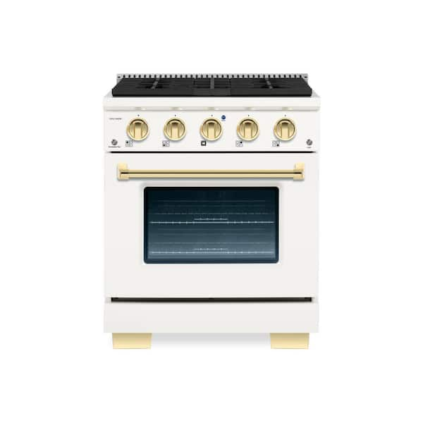 BOLD 30 in. 4.2 Cu. Ft. 4 Burner Freestanding All Gas Range with Gas Stove and Gas Oven, White with Brass Trim