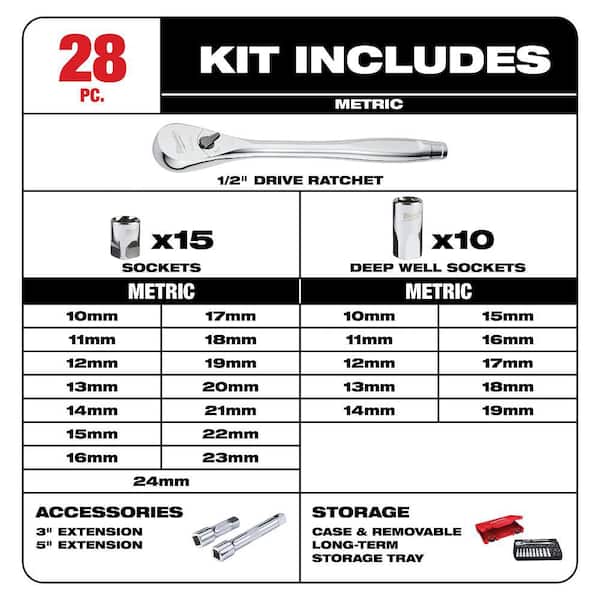 1/2 in. Drive Metric Ratchet and Socket Mechanics Tool Set (28-Piece)
