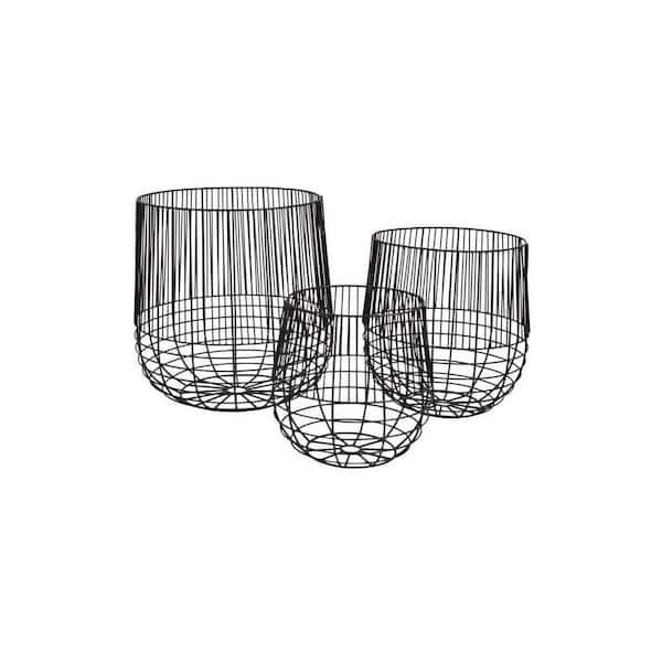 Benjara Vella Black Metal Finish Open Cage Design Decorative Baskets (Set of 3)