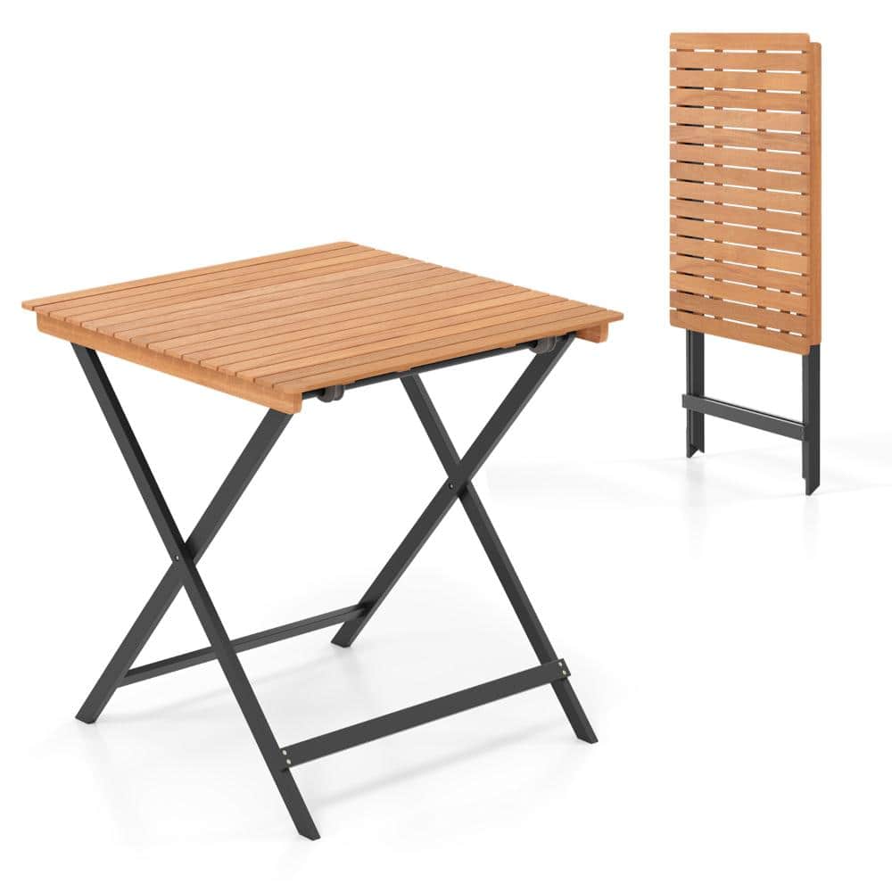 28 in. Square Acacia Wood Folding Patio Dining Table with Slatted Top, Natural and Black