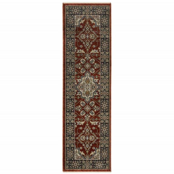 Red Ivory Blue Navy Gold and Grey 2 ft. x 8 ft. Oriental Power Loom Stain Resistant Fringe with Runner Rug