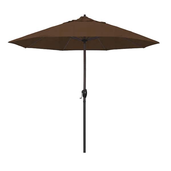 California Umbrella 9 ft. Aluminum Market Auto Tilt Crank Lift Bronze Patio Umbrella in Teak Olefin