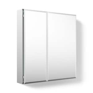 Double Door 25 in. W x 26 in. H x 5 in. D Aluminum Cabinet with Square Mirrored Door in Silver