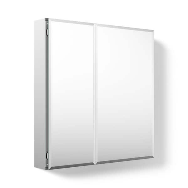 Double Door 25 in. W x 26 in. H x 5 in. D Aluminum Cabinet with Square Mirrored Door in Silver