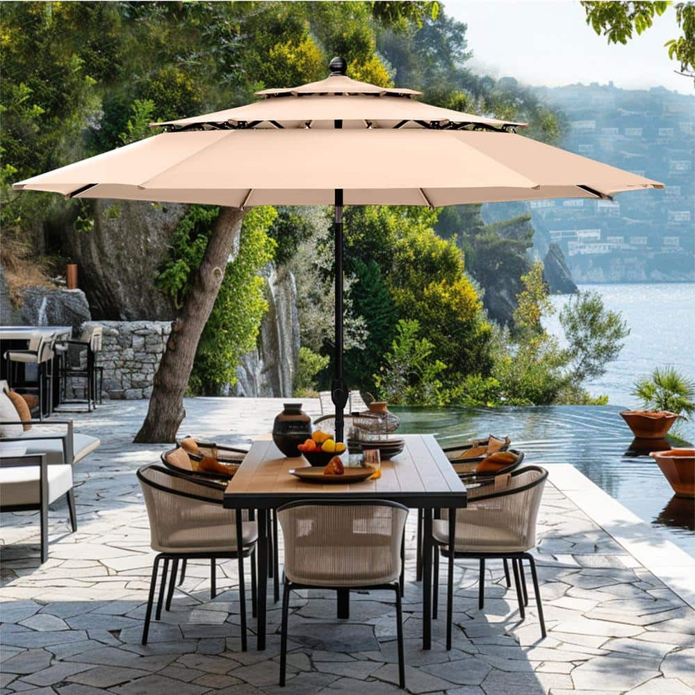 PHI VILLA 10 ft. Market Patio Umbrella in 3-layer Beige With Crank and ...