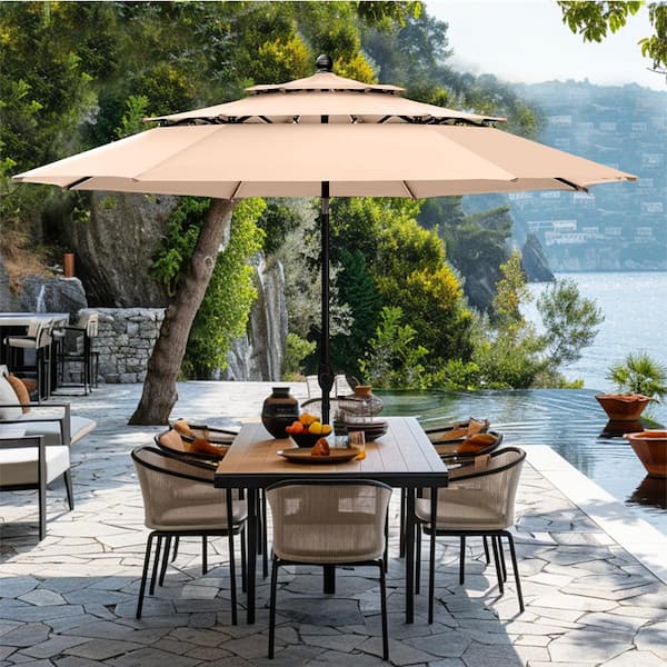 Phi Villa 10 Ft. Market Patio Umbrella In 3-layer Beige With Crank And 