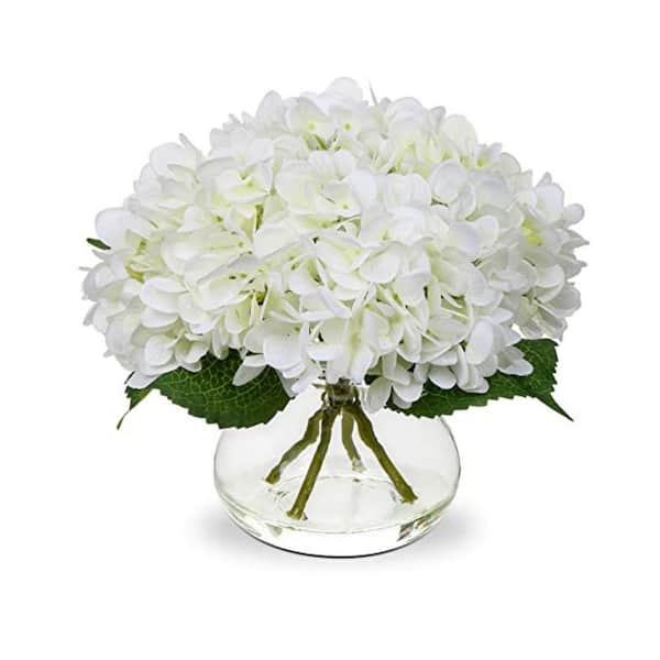9.5 in. Hydrangea White Indoor Artificial Hydrangea in Glass Vase