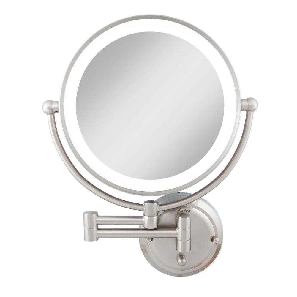 Satin Nickel 14" Dual-Sided 5X/1X Magnifying Wall Mirror with Adjustable Brightness