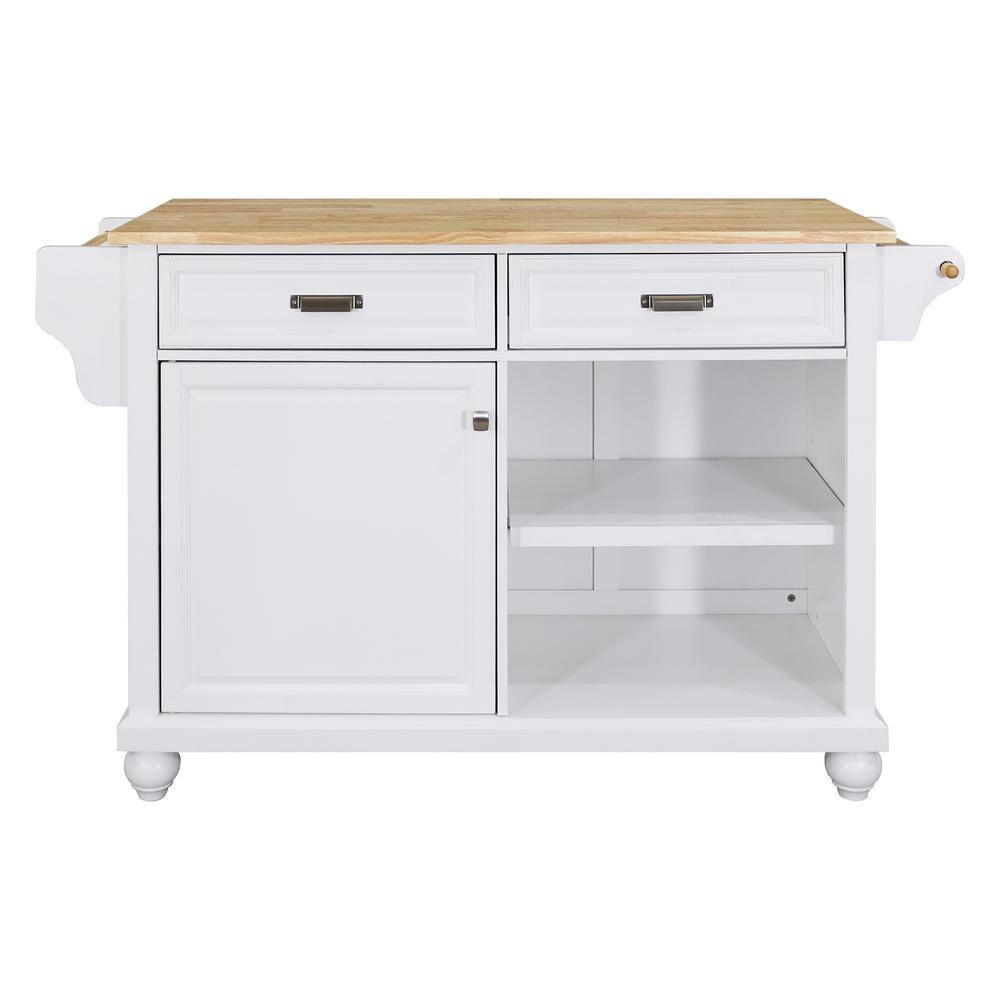 White Natural Wood Kitchen Cart with Drop Leaf and Spice Rack