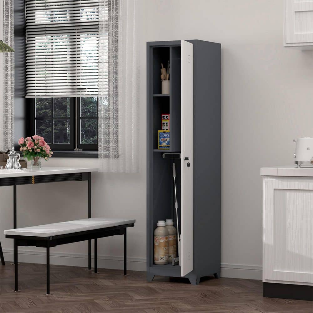 Grey and White 64.96 in. H Metal Storage Cabinet Cleaning Storage Cabinets w/ Hooks for Utility Room Gym, Office, Garage