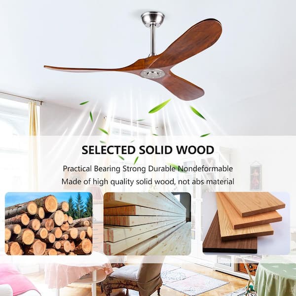 52 in. Modern Nickel Solid Wood Brown Blades 2-Size Downrod Mount Standard Ceiling Fan with Remote and Noiseless Run