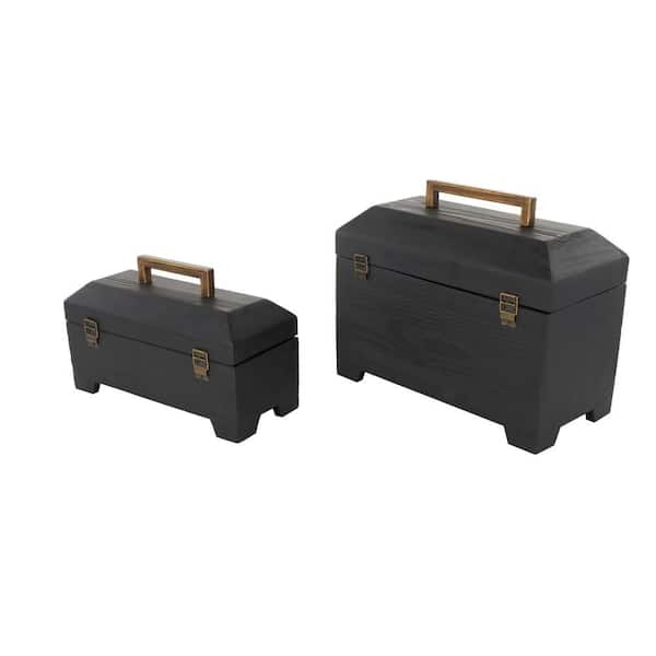Litton Lane 16 in. and 14 in. Black Wood Handmade Rectangle Decorative Box with Brass Latches and Handle (Set of 2)