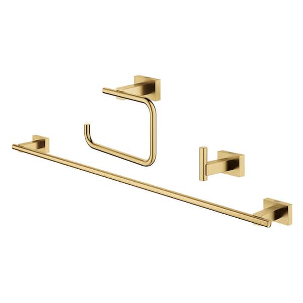 Essentials Cube 3-Piece Bath Hardware Set Towel Bar, Toilet Paper Holder, and Robe Hook Included in Brushed Cool Sunrise