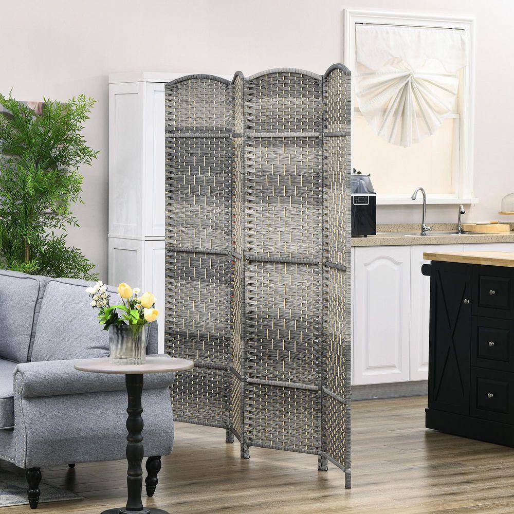 70.9 in. H Gray Hand-Woven 4 Panel Room Divider Modern Freestanding Folding Privacy Screen