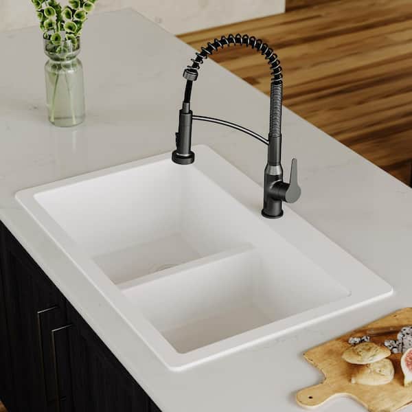 White Quartz 33 in. 50/50 Double Bowl Composite Drop-in Kitchen Sink