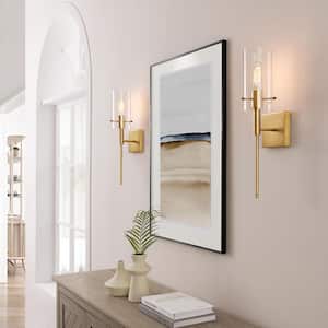 1-Light Gold Cylindrical Armed Sconce Set with Glass Shade (Set of 2)